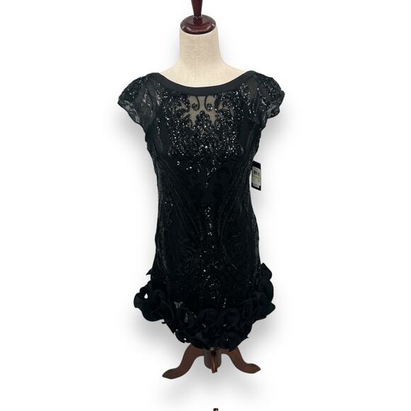 NEW Guess Black Sequin Cocktail Dress Size 4 Rosette Ruffle Mini Formal Hoco NWT - Picture 7 of 14